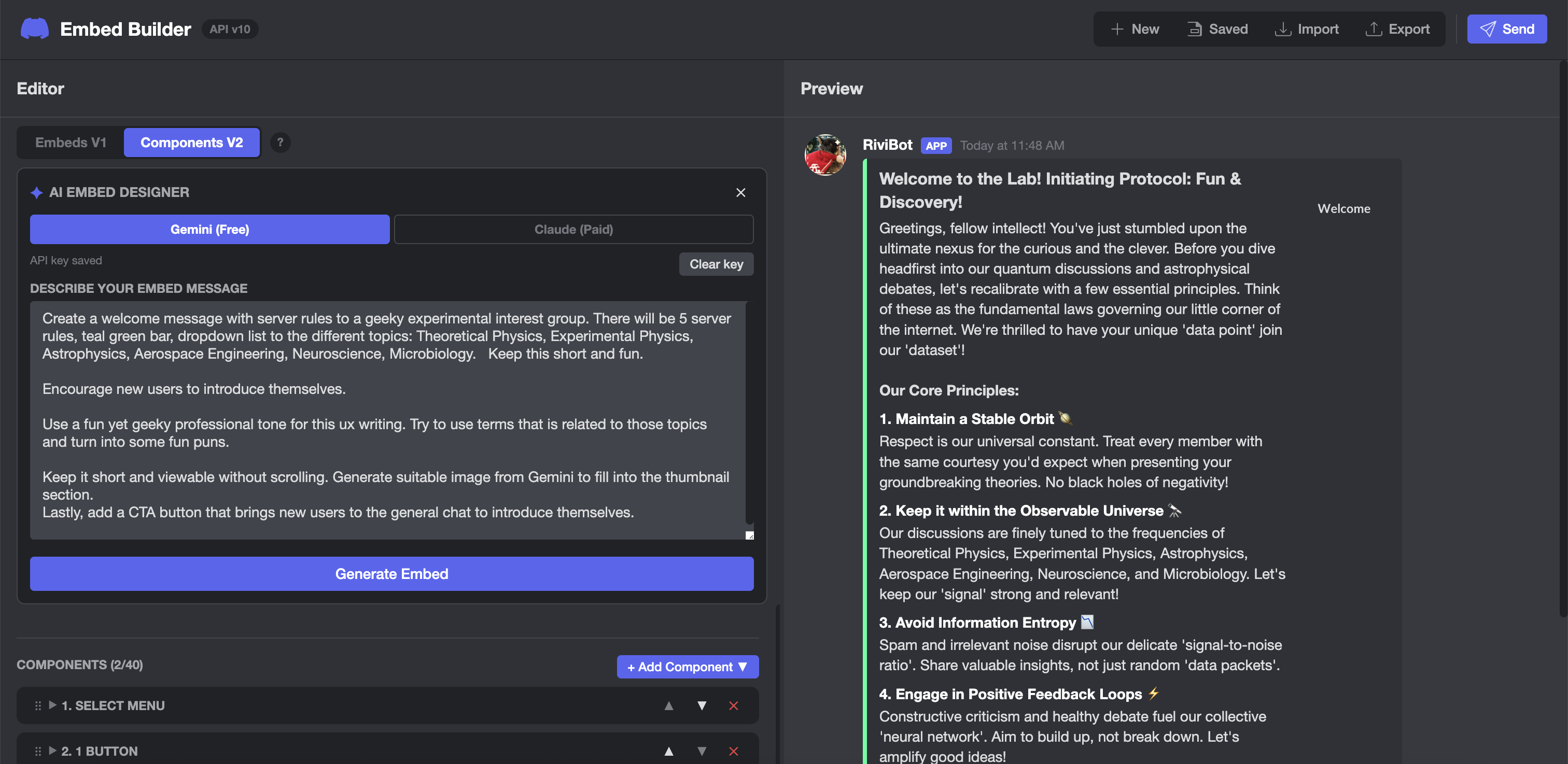 AI Embed Designer generating a structured Discord welcome message